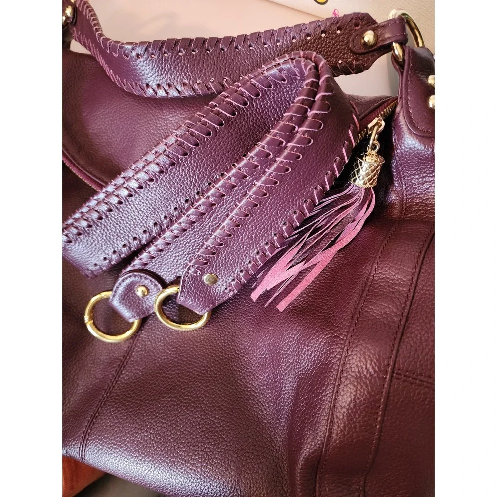 Onna Ehrlich Plum Pebbled Leather Hobo Bag Whipstitch Tassel Gold Hardware